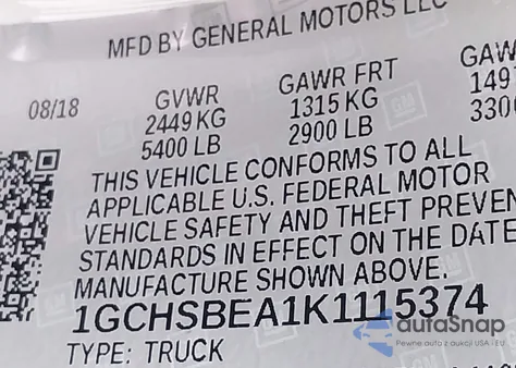 2019 Chevrolet Colorado Wt из США, поврежденный, VIN 1GCHSBEA1K1115374